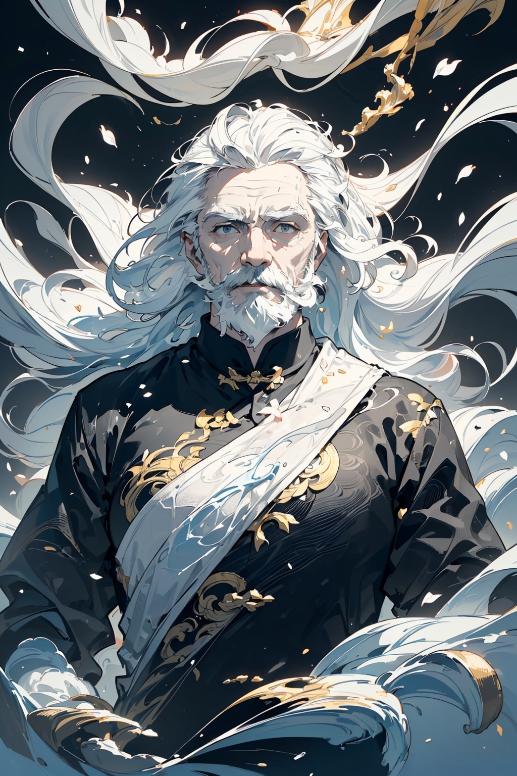 ((a drawing of 1 old bearded man:1, long white hair)), (((a man:1))), wear Chinese Kungfu costume, solo,((upper body)), (big moon:1), randomly distributed clouds, river, falling petals, ((((melt)))), (((black and white melt)))., ((gold and silver lace)), (((flowing ((black)) and white background))), Floating with golden light, cinematic lighting, vanishing point, , 