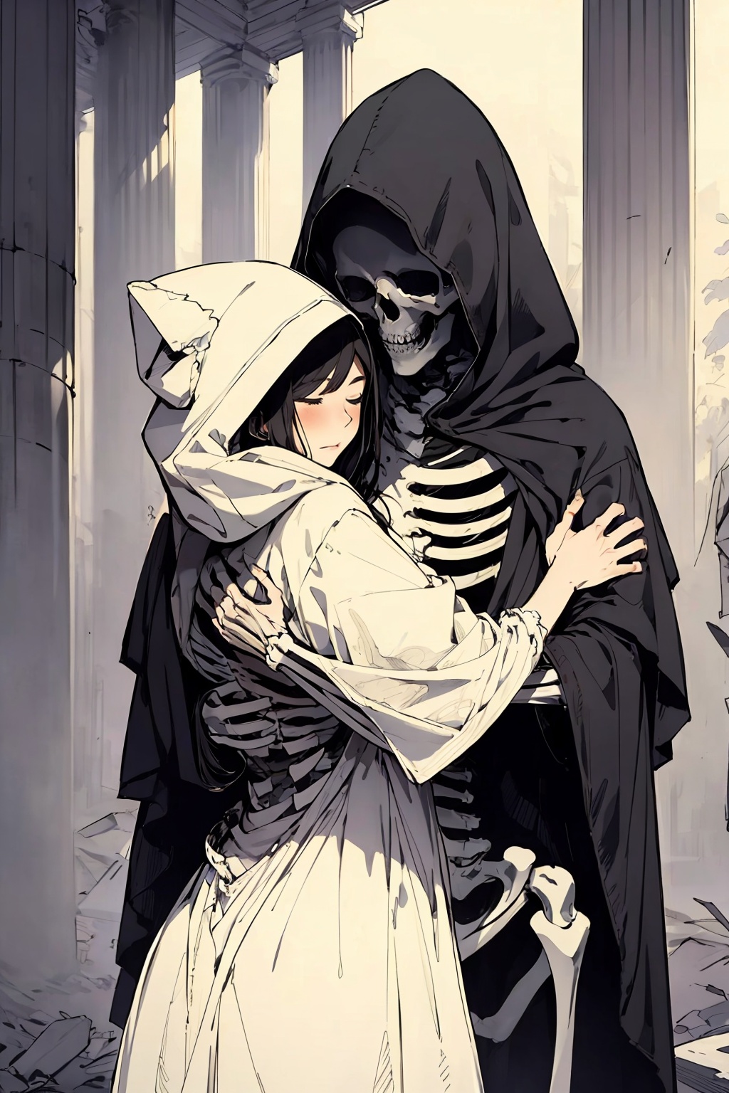 1girl, hood, hug, closed eyes, skeleton, 1boy, cloak, dress, long hair, torn clothes, robe, pillar, hood up, monochrome, ruins, outdoors, white dress