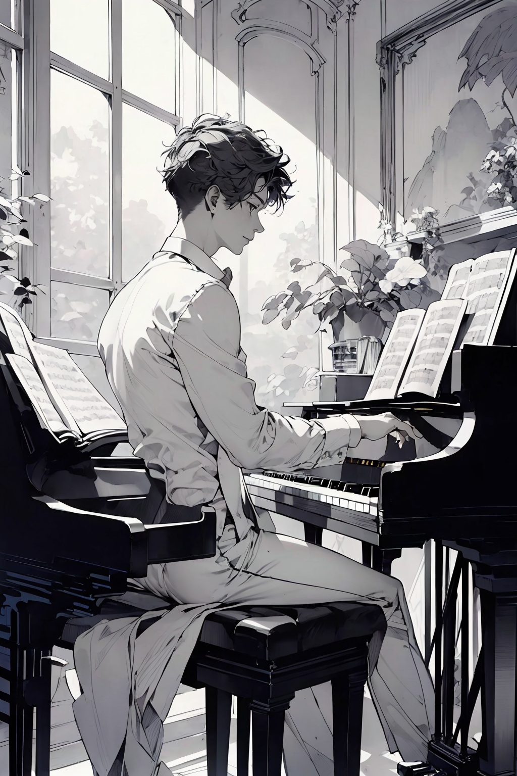piano, 1boy, instrument, male focus, sitting, monochrome, solo, plant, greyscale, playing instrument, pants, music, formal, indoors, chair, grand piano, suit, profile, short hair, long sleeves, hatching (texture), window, traditional media, shirt