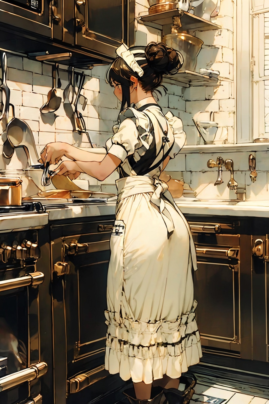 1girl, apron, solo, kitchen, maid, hair bun, single hair bun, dress, maid apron, monochrome, indoors, stove, standing, puffy sleeves, short sleeves, boots, traditional media, holding, black hair, tiles, maid headdress, long dress, cabinet, ponytail, profile, cooking,啊撒大声地