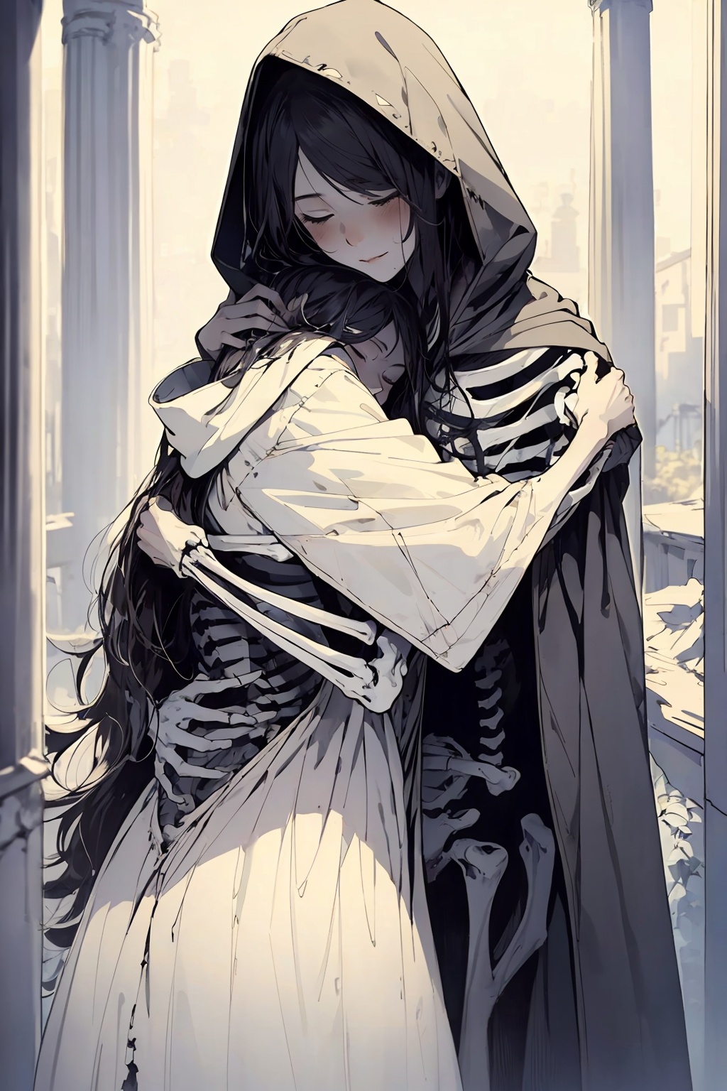 1girl, hood, hug, closed eyes, skeleton, 1boy, cloak, dress, long hair, torn clothes, robe, pillar, hood up, monochrome, ruins, outdoors, white dress