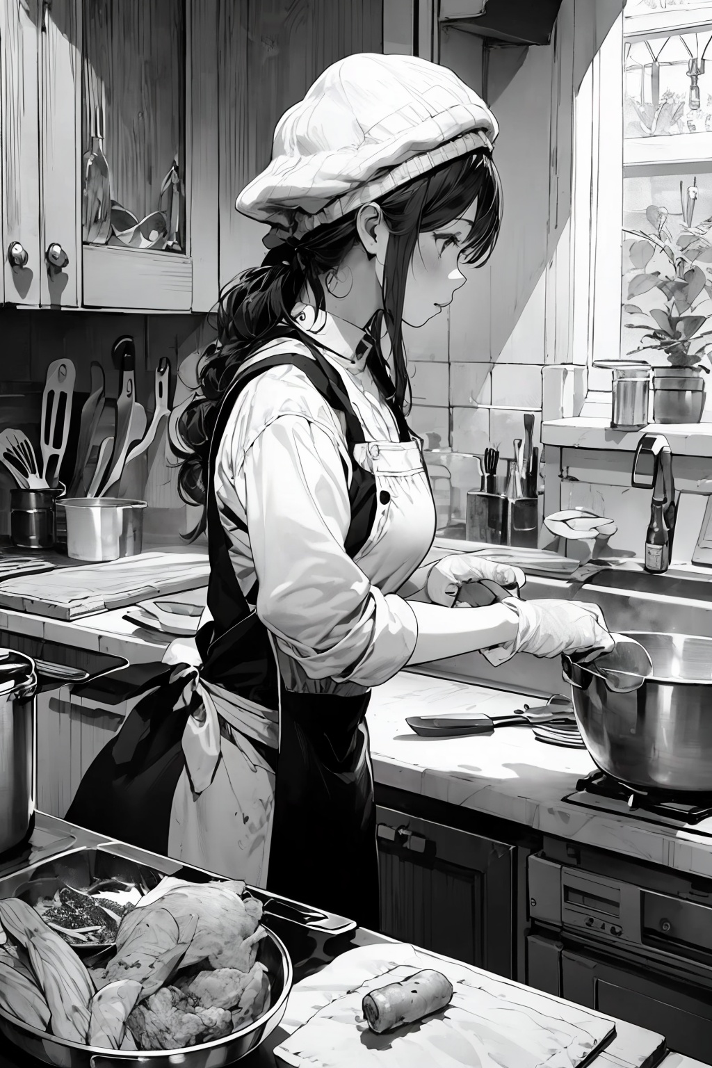 1girl, monochrome, greyscale, gloves, solo, food, knife, cooking, apron, sleeves rolled up, cutting board, bottle, holding, hat, bowl, kitchen, frying pan, long hair, indoors, profile, vegetable,啊撒大声地