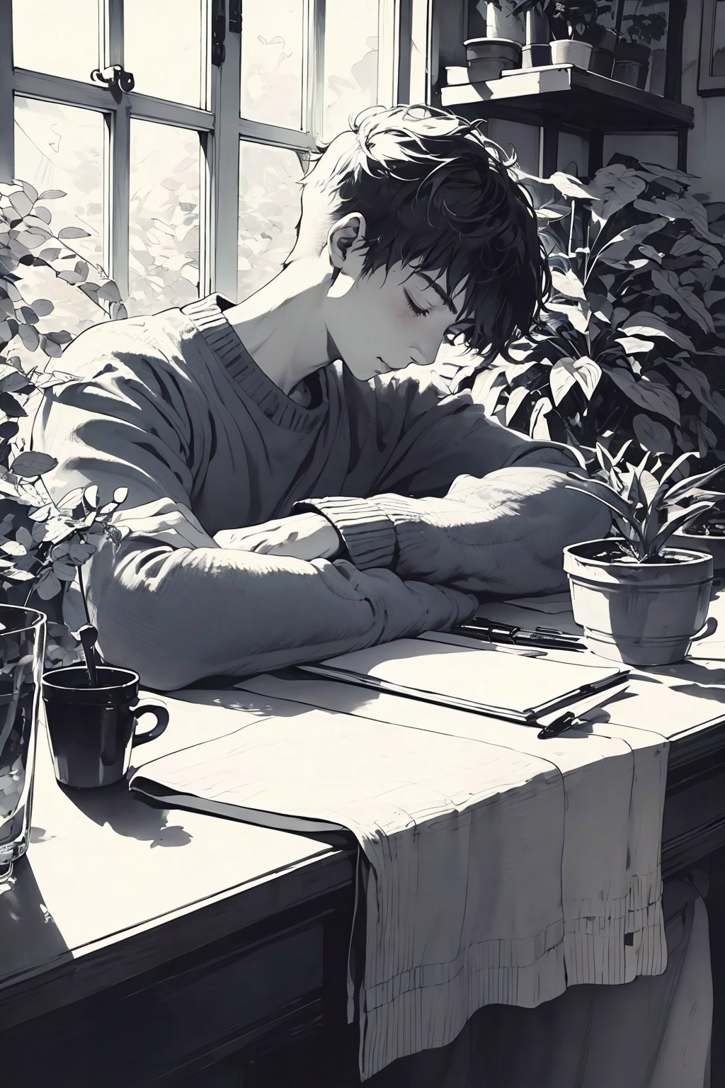 monochrome, 1boy, greyscale, male focus, closed eyes, plant, solo, sleeping, table, short hair, pencil, indoors, long sleeves, sitting, traditional media, cup, window, potted plant, pen, sweater