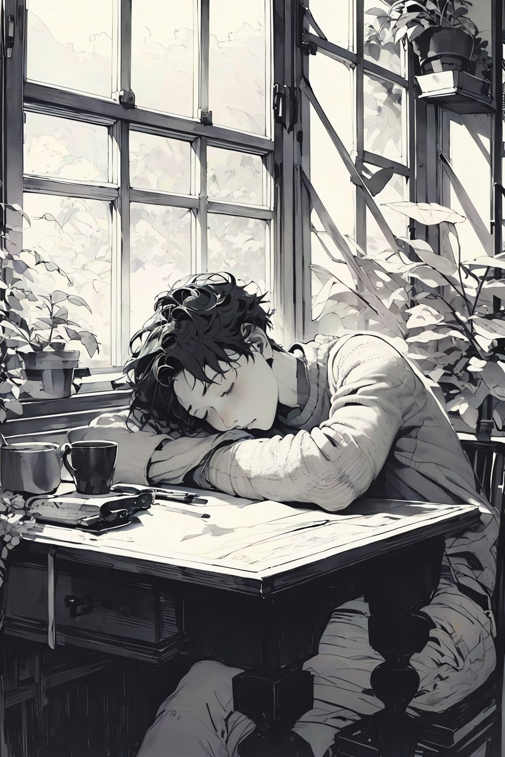 monochrome, 1boy, greyscale, male focus, closed eyes, plant, solo, sleeping, table, short hair, pencil, indoors, long sleeves, sitting, traditional media, cup, window, potted plant, pen, sweater