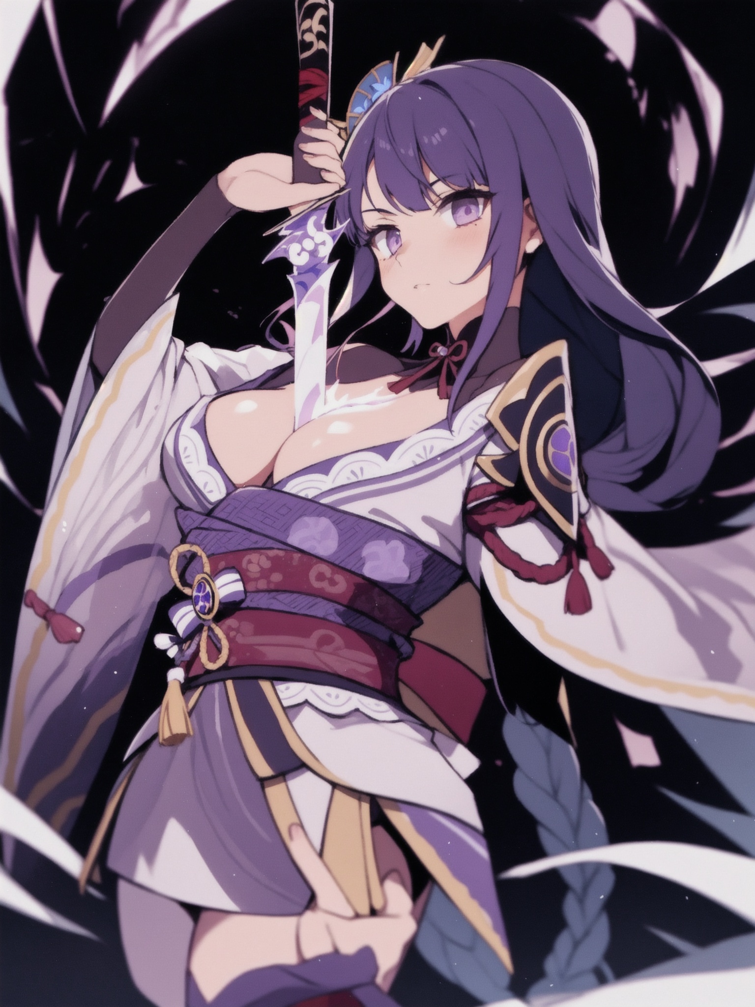 Raiden_shogun is pulling a blade from her chest on Tensor.Art