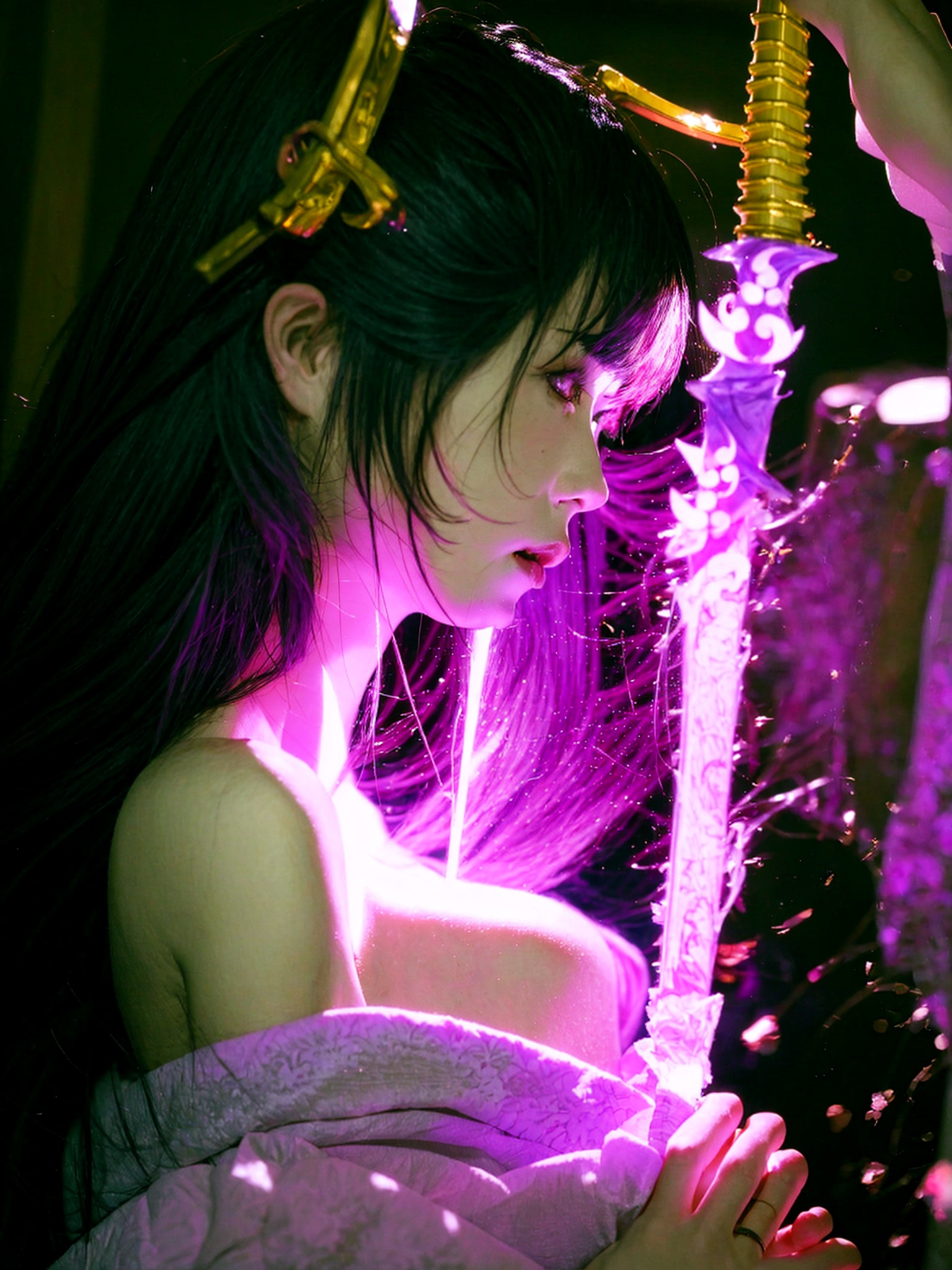 Raiden_shogun is pulling a blade from her chest,  Raiden_shogun is pulling a blade from her chest on Tensor.Art