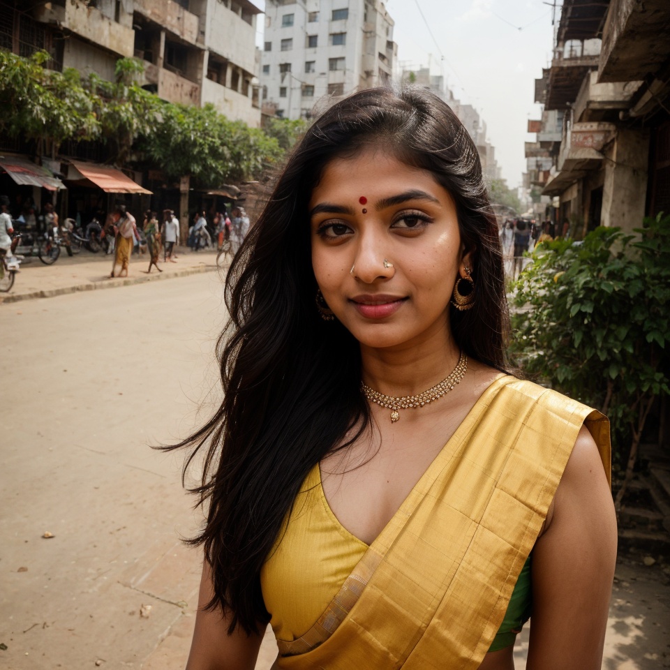 Kiran,  an 18-year-old stunning Indian girl,  explores the bustling streets of a vibrant city. She wears a stylish outfit...