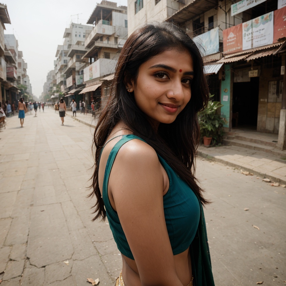 Kiran,  an 18-year-old stunning Indian girl,  explores the bustling streets of a vibrant city. She wears a stylish outfit...