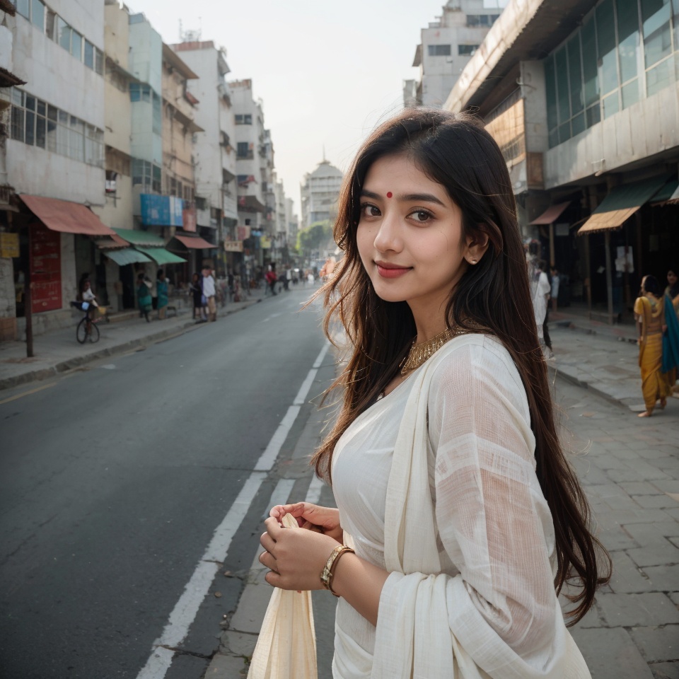 Kiran,  an 18-year-old stunning Indian girl,  explores the bustling streets of a vibrant city. She wears a stylish outfit...