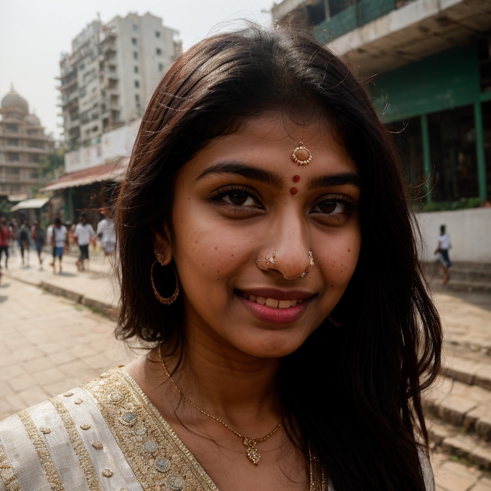 Kiran,  an 18-year-old stunning Indian girl,  explores the bustling streets of a vibrant city. She wears a stylish outfit...
