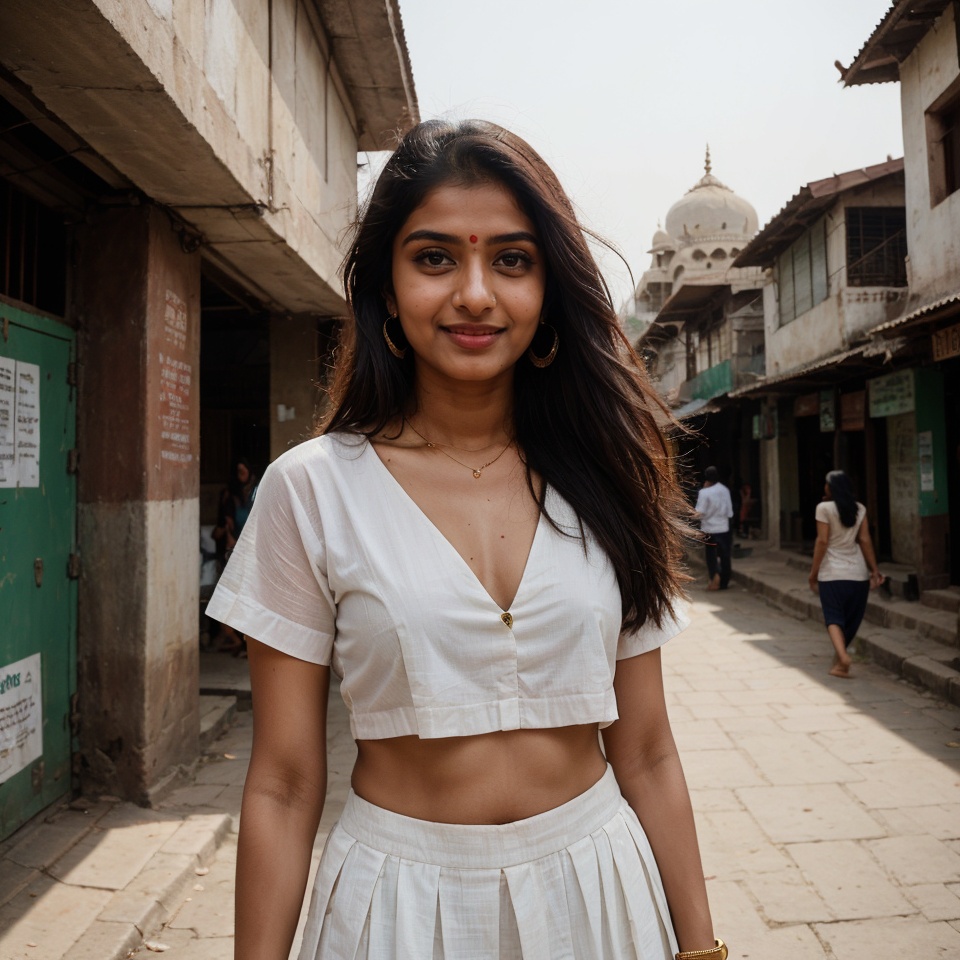 Kiran,  an 18-year-old stunning Indian girl,  explores the bustling streets of a vibrant city. She wears a stylish outfit...