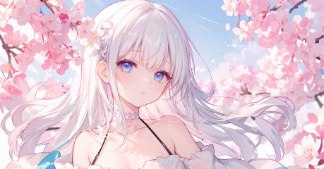 (masterpiece),illustration, best  quality, best refined rendering, extremely detailed, CG unity 8k wallpaper, sharp and clean edges, less noise, drawing as detailed and clear as possible, vivid and bright and colorful picture,1girl, solo, looking up, dress, long hair, blue eyes, choker, white hair, white dress, petals, white choker, flower, outdoors, arm up, parted lips, bare shoulders, off-shoulder dress, sky, pink flower, day, off shoulder, cherry blossoms, bangs, blurry, collarbone<lyco:GoodHands-beta2:0.9> <lora:PAseer的神话壁纸V1:0.3>