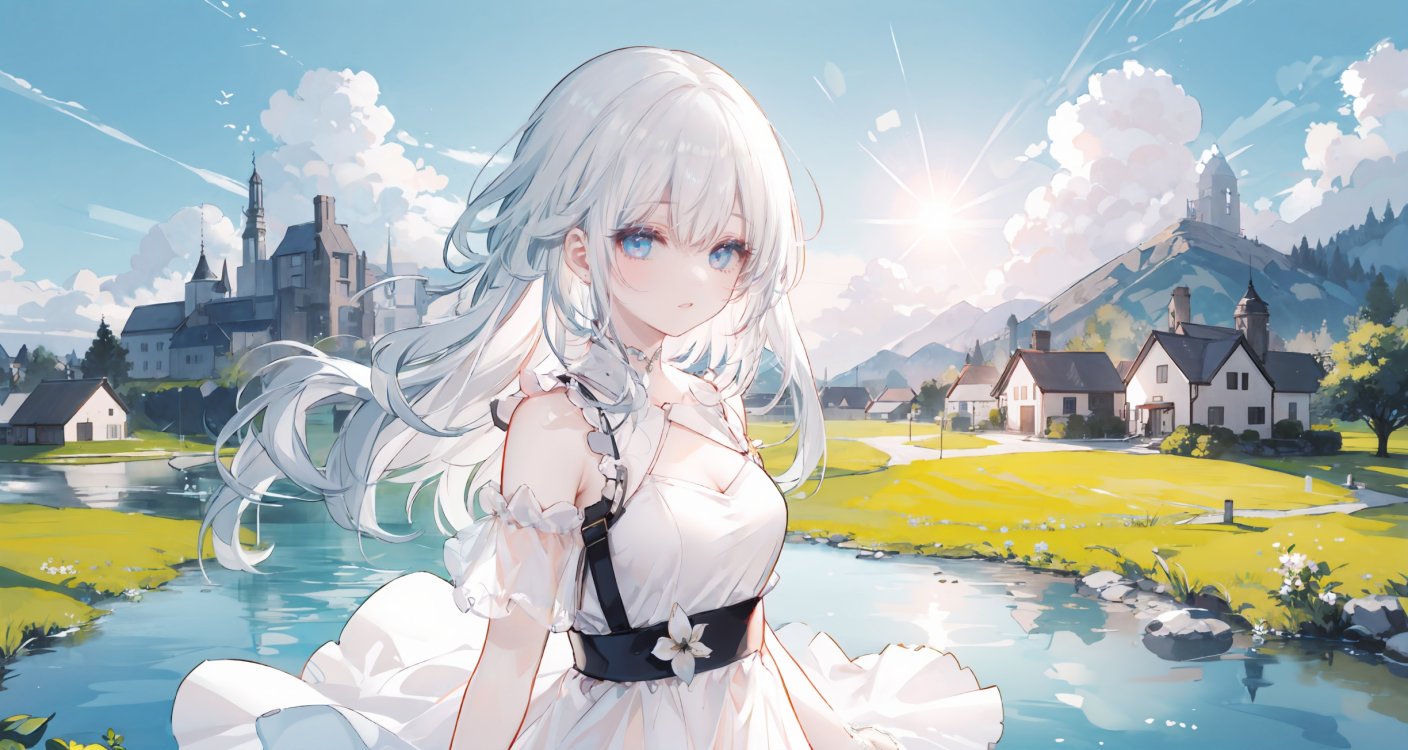 masterpiece,best quality,high detailed,((masterpiece)),((best quality)),((1girl)),(upper body),solo,long hair,white hair,white dress,lake,blue sky，(field:1.1)，(village:1.3), sun,(specular reflection:1.1),<lyco:GoodHands-beta2:0.9> <lora:PAseer的神话壁纸V1:0.3> 