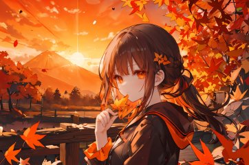 (masterpiece),illustration, best  quality, best refined rendering, extremely detailed, CG unity 8k wallpaper, sharp and clean edges, less noise, drawing as detailed and clear as possible, vivid and bright and colorful picture, masterpiece,best quality,(ray tracing,cinematic lighting),sunlight,autumn, autumn_leaves, falling_leaves, fire, ginkgo_leaf, holding_leaf, leaf, maple_leaf, orange_sky, orange_theme, sunset, tree, leaves_in_wind, braid, leaf_hair_ornament, 1girl, twilight, dusk, evening, gradient_sky, burning, leaf_background, breathing_fire, campfire, fireplace, yellow_sky, solo, molten_rock, leaf_on_head, brown_hair, from_side, sweet_potato, flame, fence, outdoors, orange_flower, red_sky, explosion, ribbon, upper_body, orange_ribbon, mountainous_horizon, bare_tree <lyco:GoodHands-beta2:0.9> <lora:PAseer的神话壁纸V1:0.3>