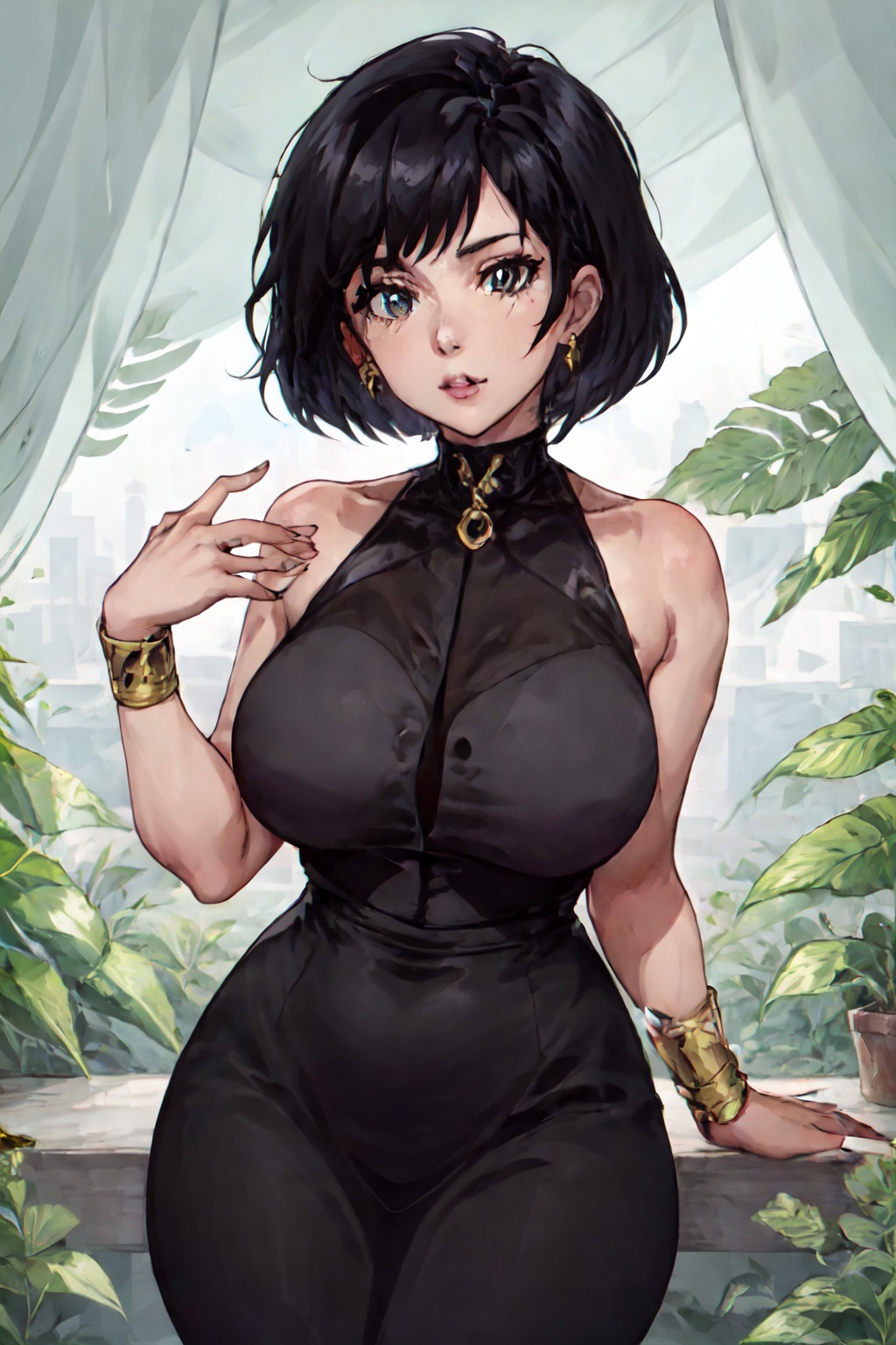 large breasts,  black dress,  short hair on Tensor.Art