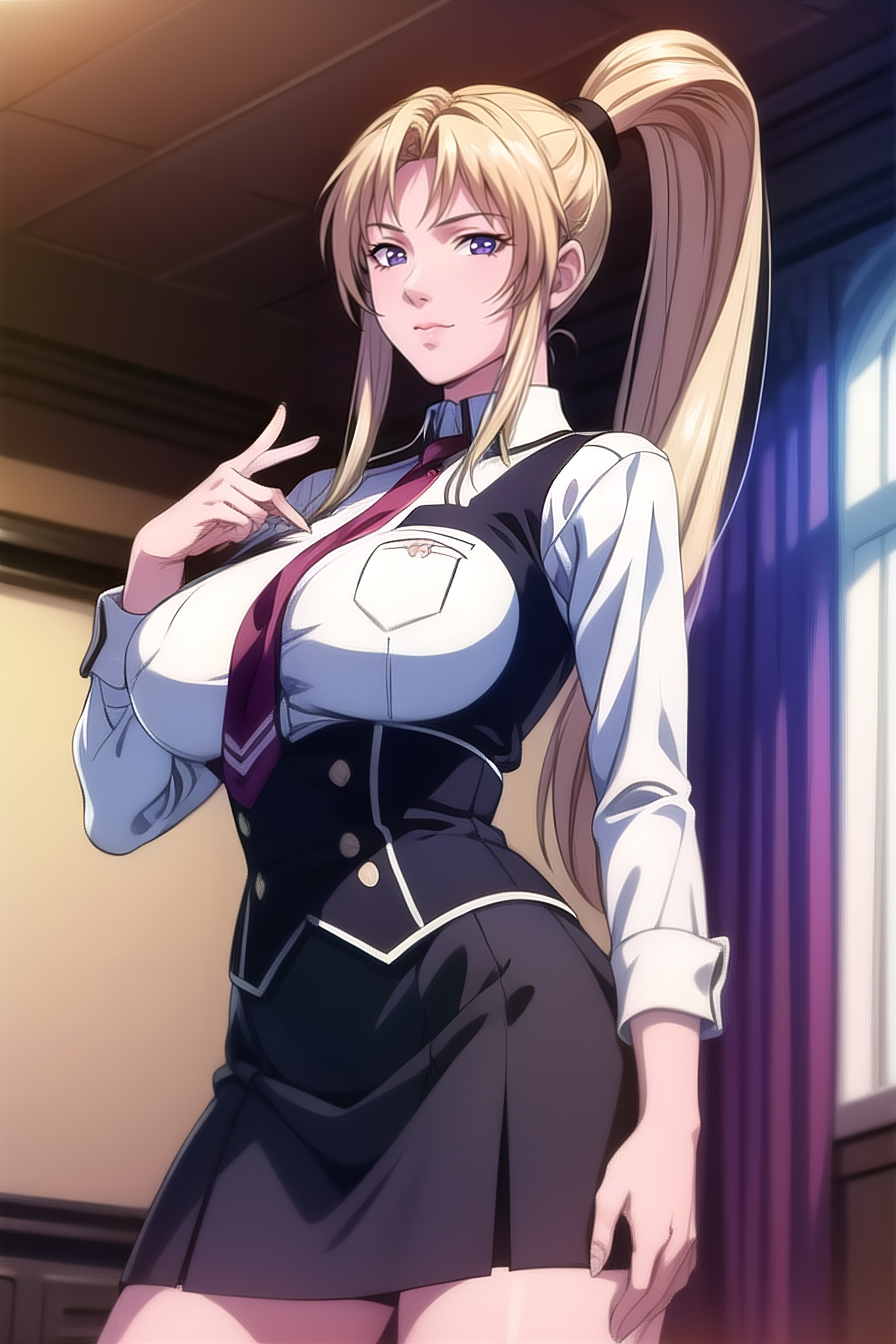 yuanshen, 1girl, solo, blonde hair, ponytail, necktie, skirt, long hair, vest, school uniform, long sleeves, purple eyes,looking at viewer,<lora:add_detail:0.5>,<lora:epiNoiseoffset_v2:0.5>,<lora:EnvyBetterHands LoCon_beta2:1>,perfect hands,<lora:佐伯香织1:0.8>,1 girl,20yo,Young female,Beautiful Finger,Beautiful long legs,Beautiful body,Beautiful Nose,Beautiful character design,perfect eyes,perfect face,expressive eyes,perfect balance,looking at viewer,closed mouth,(innocent_big_eyes:1),(Light_Smile:0.3),official art,extremely detailed CG unity 8k wallpaper,perfect lighting,Colorful,Bright_Front_face_Lighting,White skin,(masterpiece:1),(best_quality:1),ultra high res,4K,ultra-detailed,photography,8K,HDR,highres,absurdres:1.2,Kodak portra 400,film grain,blurry background,bokeh:1.2,lens flare,(vibrant_color:1.2),professional photograph,(Beautiful,large breasts:1.6),(beautiful_face:1.5),(narrow_waist),