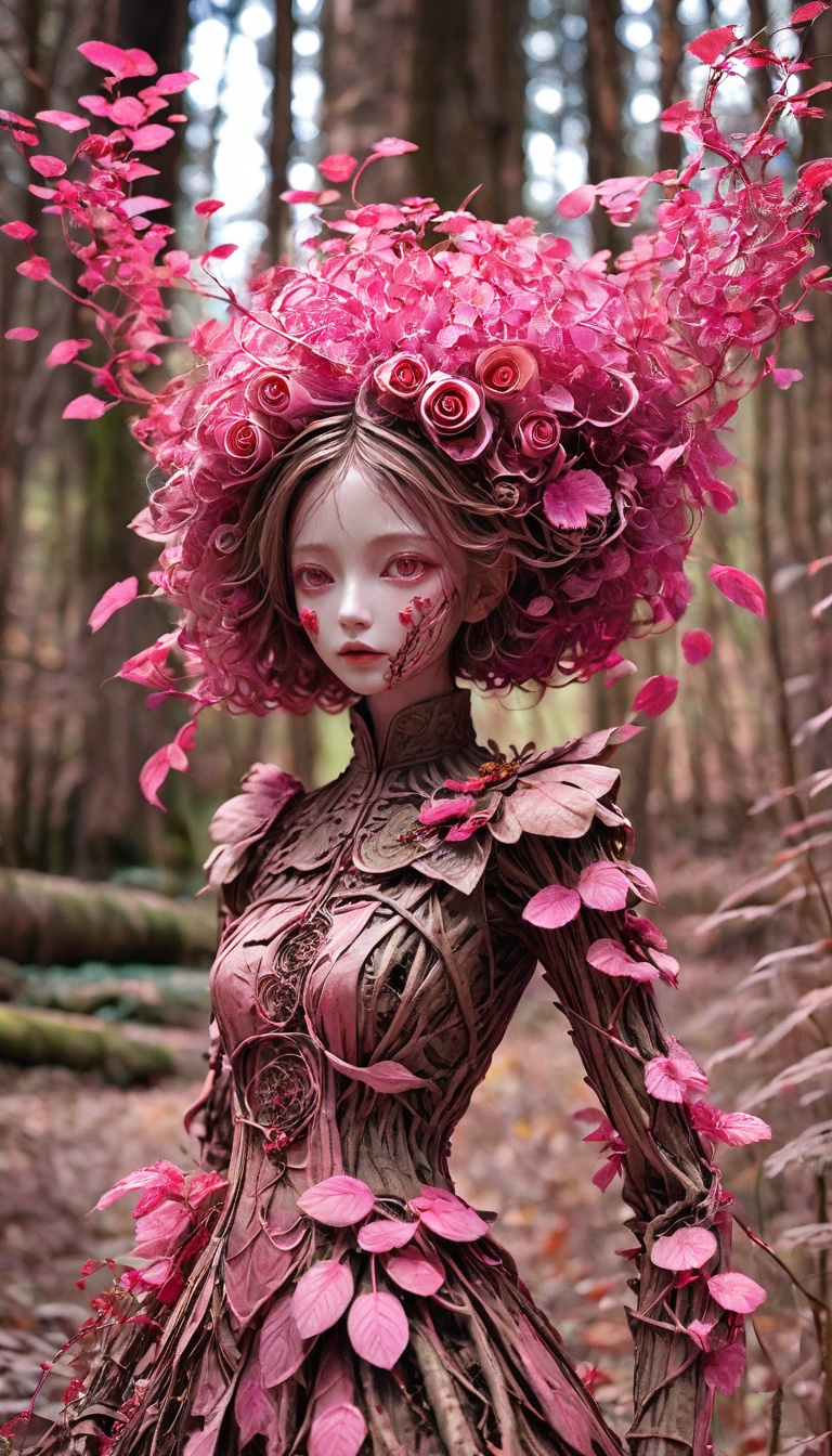 <lora:xl-shanbailing-1103Wood elements-bailong plant girl:0.9>,bailong plant girl,(1girl:1.1),a girl made out of dead pink plants,in the outdoor forest,in autumn,