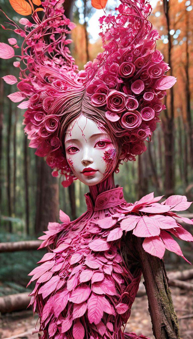 <lora:xl-shanbailing-1103Wood elements-bailong plant girl:0.9>,bailong plant girl,(1girl:1.1),a girl made out of dead pink plants,in the outdoor forest,in autumn,