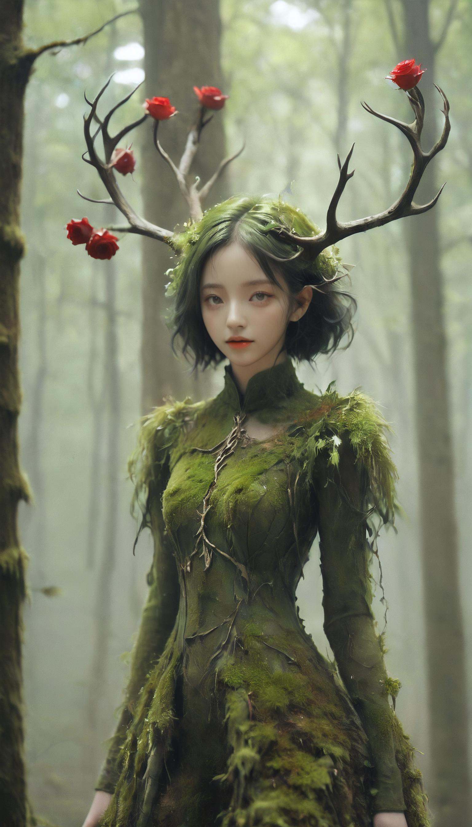 (Masterpiece, high quality, best quality, official art, beauty and aesthetics:1.2),<lora:xl-shanbailing-1103Wood elements-bailong plant girl:0.9>,moss,bailong plant girl,tree,outdoors,1girl,green theme,canonicals,nature,scenery,forest,plant,a girl made of fresh plants,blurry,depth of field,outdoors,leaf,red_rose,antlers,
