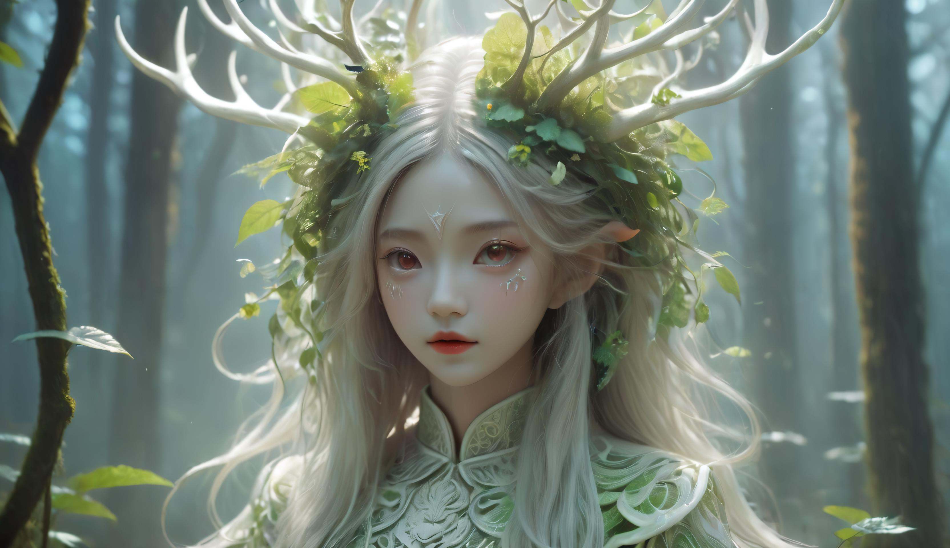 <lora:xl-shanbailing-1103Wood elements-bailong plant girl:0.8>,bailong plant girl,(a girl made of fresh plants),forest,plant,beautiful psychedelic psychedelic white complex detailed elaborate,cute face,long hair,8k,ultra-fine knots,antlers,