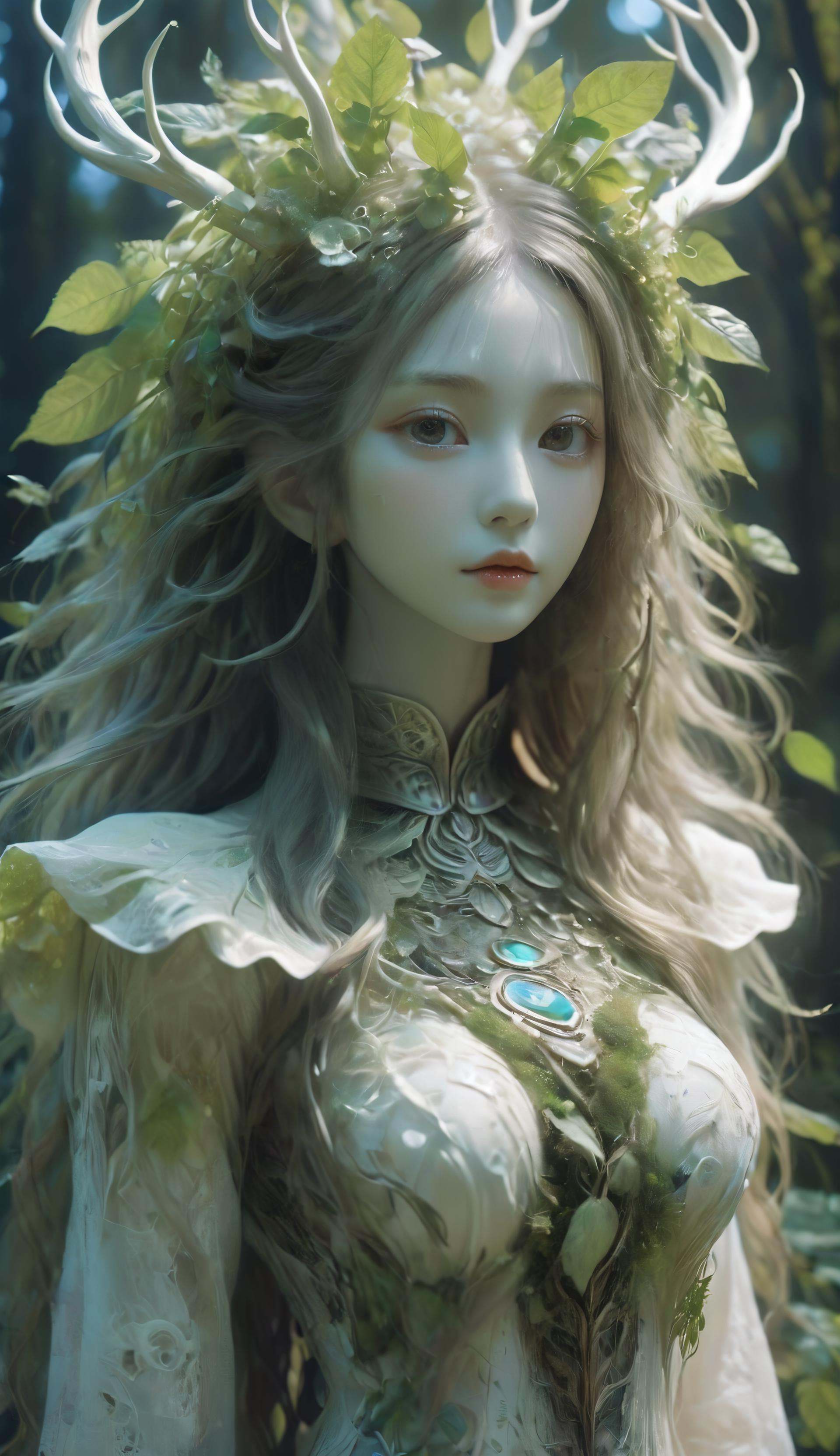 <lora:xl-shanbailing-1103Wood elements-bailong plant girl:0.8>,bailong plant girl,(a girl made of fresh plants),forest,plant,beautiful psychedelic psychedelic white complex detailed elaborate,cute face,long hair,8k,ultra-fine knots,antlers,