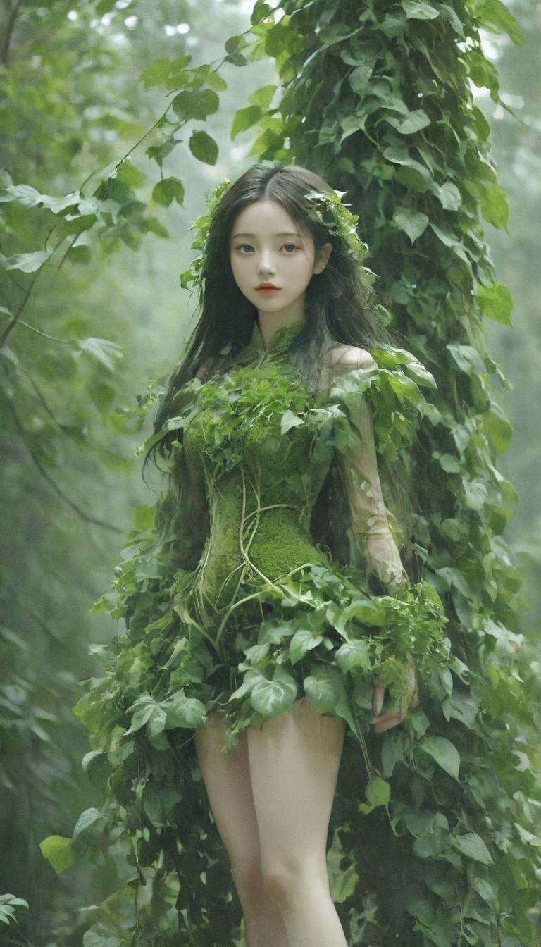 <lora:xl-shanbailing-1103Wood elements-bailong plant girl:0.8>,bailong plant girl,(1girl:1.1),A girl made of fresh plants,1girl,leaf,outdoors,realistic,vines,Tree,in the outdoor forest,