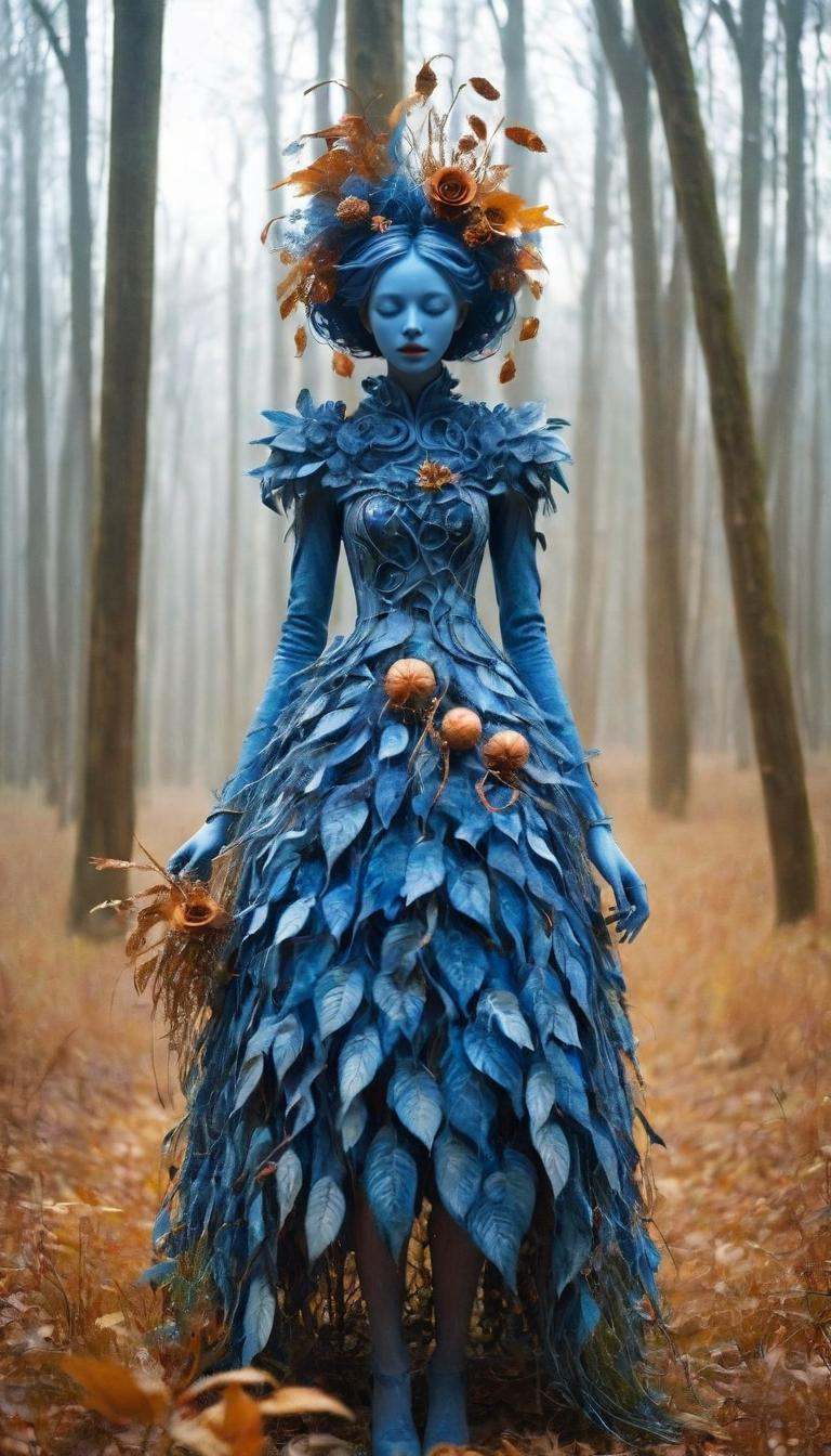 <lora:xl-shanbailing-1103Wood elements-bailong plant girl:0.8>,bailong plant girl,(1girl:1.1),a girl made out of dead blue plants,in the outdoor forest,in autumn,
