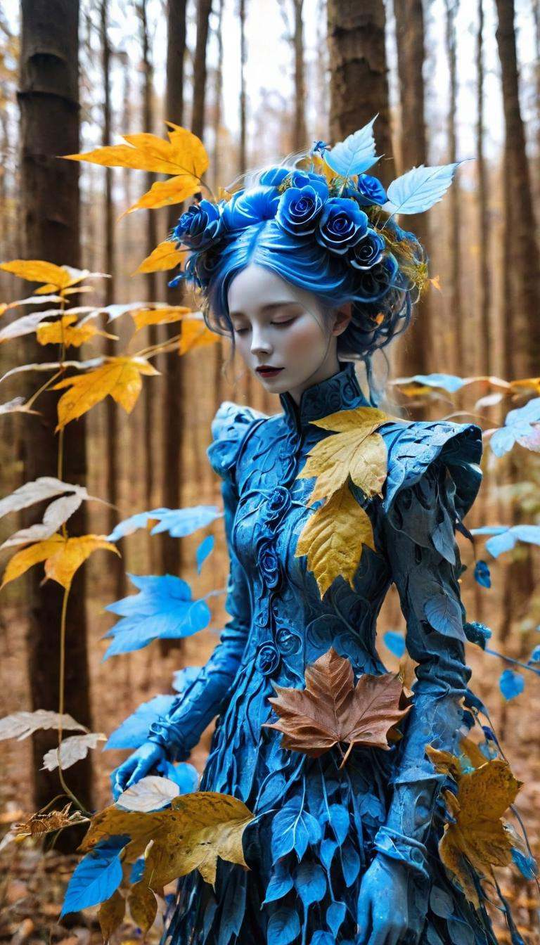 <lora:xl-shanbailing-1103Wood elements-bailong plant girl:0.8>,bailong plant girl,1girl,a girl made out of dead blue plants,in the outdoor forest,in autumn,