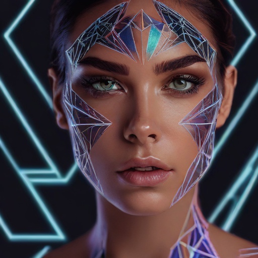 Create and image of a woman on a black background,  around her is one triangle in neon colors,  geometric forms on Tensor.Art