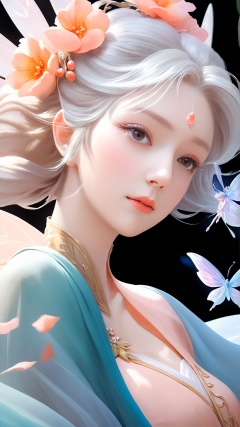 (Ancient military commander) Game cg (surreal thick strokes: 1.5) (multi-angle view) Close-up shot of a gentle oval-faced fairy slowly falling, her face like peach petals. Her hair is flowing and she wears a light fairy robe. She exudes an elegant beauty as a whole.