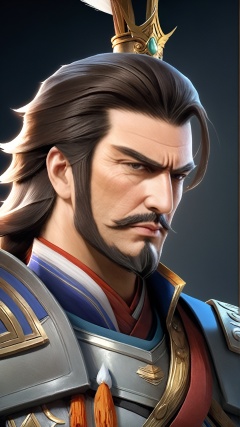 (Ancient military commander) Game cg (hyperrealistic thick strokes: 1.5) (multi-angle view) Close-up shot of a resolute general with a rectangular face standing proudly in all directions, with straight and powerful lines on his face. His hair is neatly styled, he is wearing armor, and he exudes majesty.