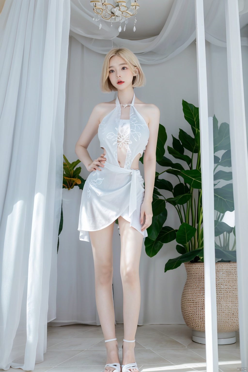  highest quallity,high resolution,rich colors,extremely beautiful skin,natural skin texture,(pale skin, real skin),(milky skin:1.2),realistic,closed mouth,1girl,blonde hair,short hair,(huge breasts),(jungle),standing,full body, ((poakl)),curtains,white theme,reflective floor,tile floor,blue theme, cha