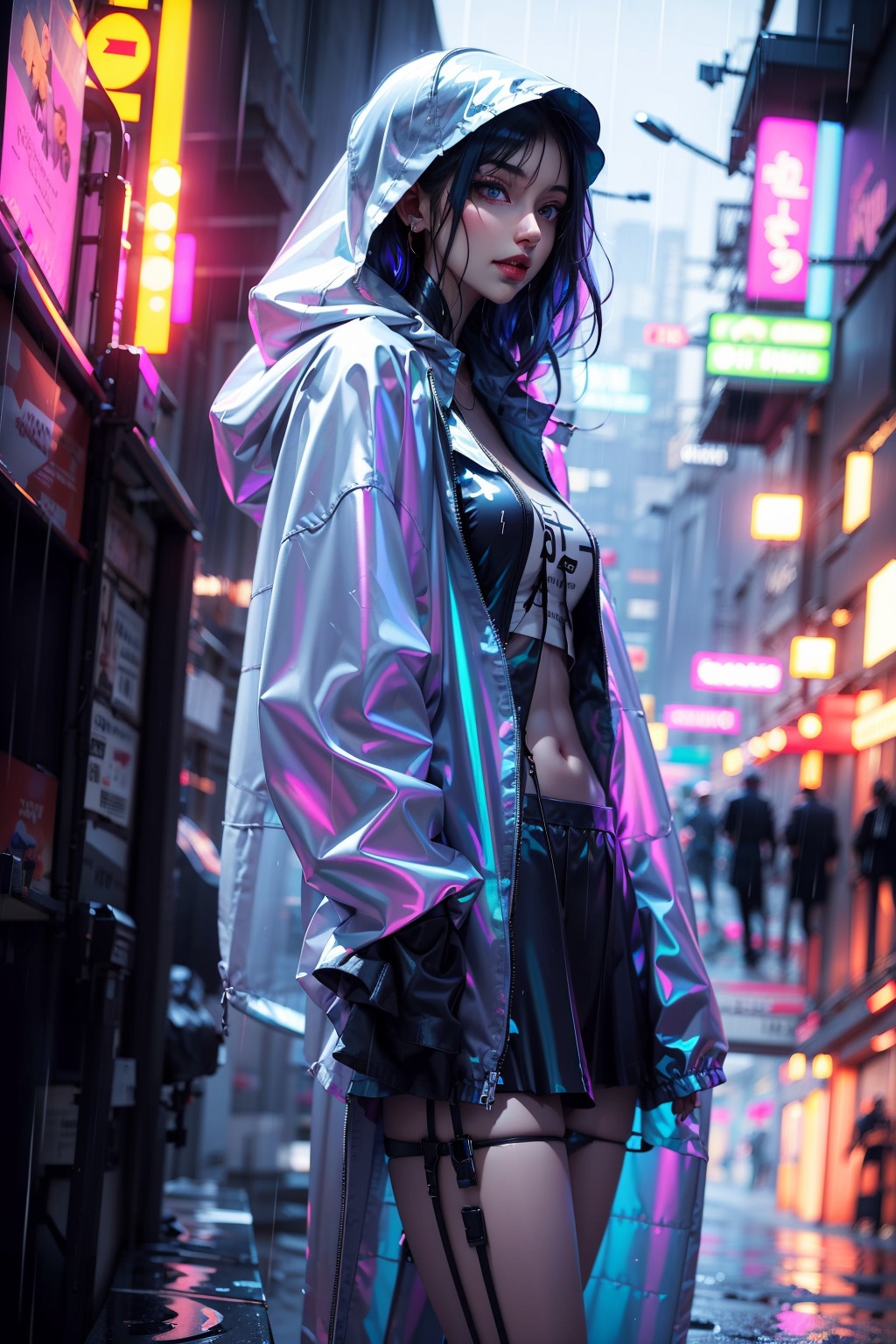 
araffe girl in a raincoat standing in the rain, inspired by Yanjun Cheng, dreamy cyberpunk girl, iridescent sci-fi kimono, glossy from rain, by Yanjun Cheng, trending on cgstation, wearing cyberpunk streetwear, backlit girl in raincoat, glowing aesthetic, artwork in the style of guweiz, glossy shiny reflective