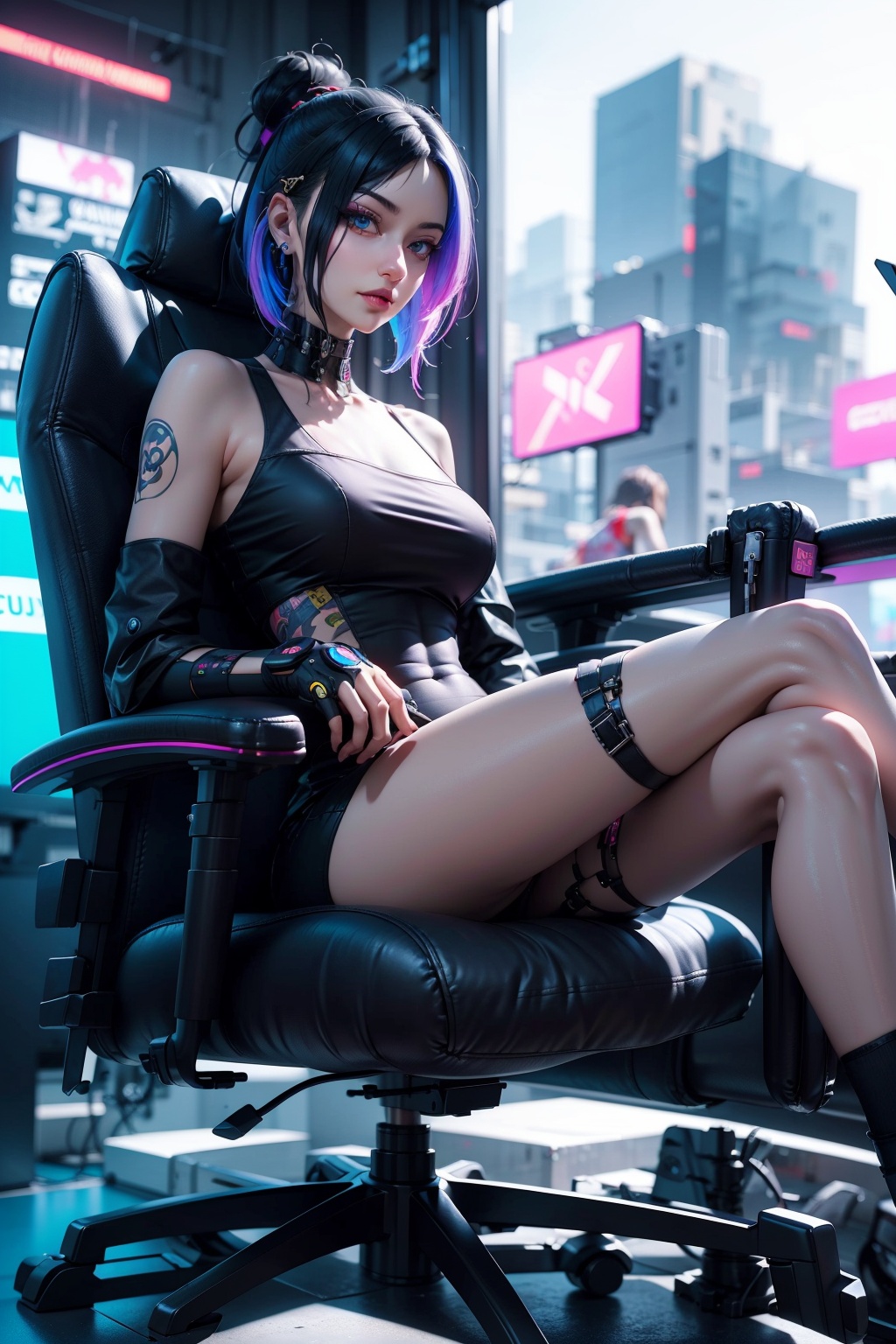 araffe sitting in a chair with her legs crossed,  cyberpunk art inspired by Yanjun Cheng,  trending on cg society on Tenso...