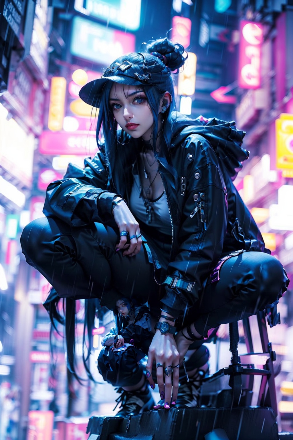  arafed woman crouching down in the rain in a city, cyberpunk anime girl, female cyberpunk anime girl, cyberpunk streetwear, wearing cyberpunk streetwear, anime cyberpunk art, very beautiful cyberpunk samurai, style of cyberpunk, cyberpunk geisha, the anime girl is crouching, has cyberpunk style, cyberpunk beautiful girl, anime girl cosplay, cyberpunk anime art, anime cyberpunk