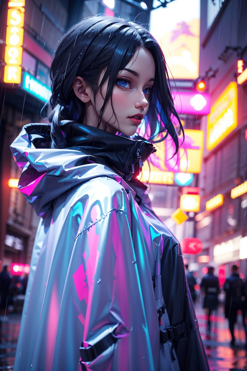 
araffe girl in a raincoat standing in the rain, inspired by Yanjun Cheng, dreamy cyberpunk girl, iridescent sci-fi kimono, glossy from rain, by Yanjun Cheng, trending on cgstation, wearing cyberpunk streetwear, backlit girl in raincoat, glowing aesthetic, artwork in the style of guweiz, glossy shiny reflective