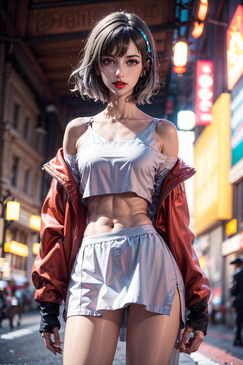 1girl, solo, looking at viewer, short hair, skirt, shirt, red lips, bare shoulders, jacket, lips, off shoulder, white shirt, black skirt, breasts, blurry background, blurry, cowboy shot, brown hair, bangs, brown eyes, realistic, sleeveless, headgear, grey eyes, medium breasts