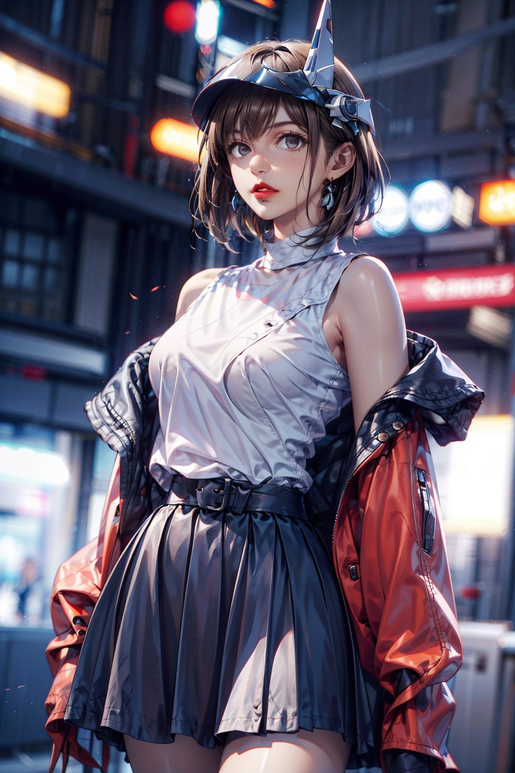 1girl, solo, looking at viewer, short hair, skirt, shirt, red lips, bare shoulders, jacket, lips, off shoulder, white shirt, black skirt, breasts, blurry background, blurry, cowboy shot, brown hair, bangs, brown eyes, realistic, sleeveless, headgear, grey eyes, medium breasts