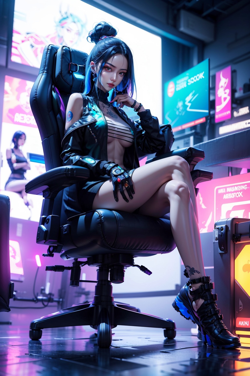 araffe sitting in a chair with her legs crossed,  cyberpunk art inspired by Yanjun Cheng,  trending on cg society on Tenso...