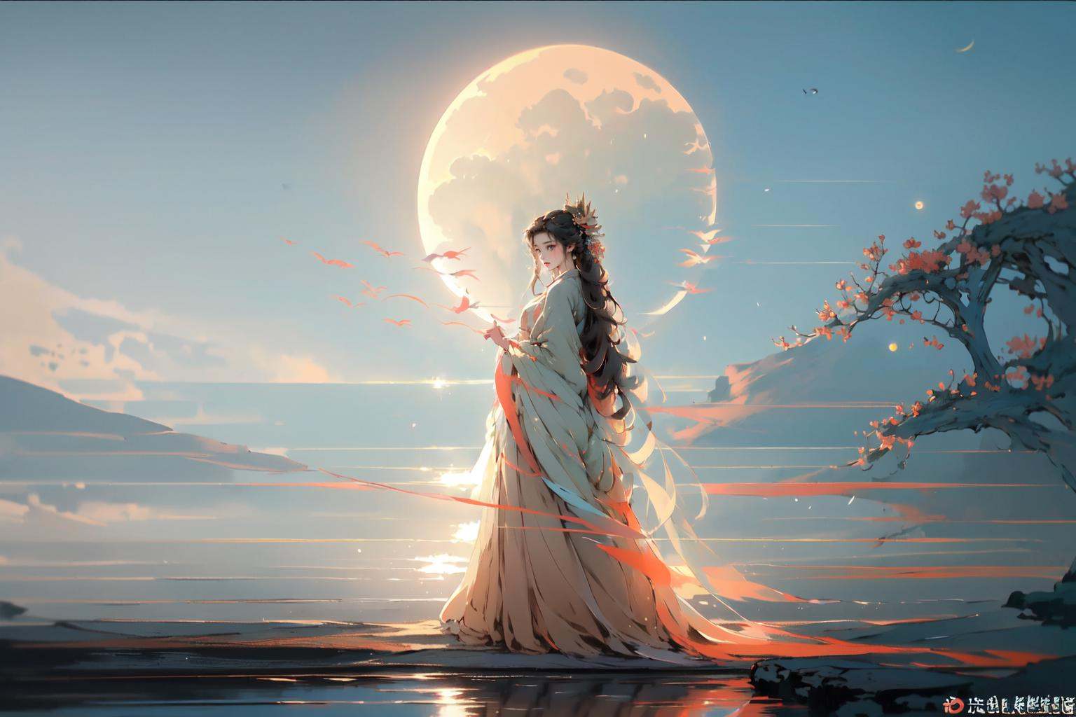 -Hanama wine, 1girl, lantern, long hair, moon, night, sky, solo, crescent moon, hair ornament, water, chinese clothes, weibo logo, dress, black hair, holding, fish, weibo username, night sky, long sleeves, holding lantern, from side, reflection<lora:Hanama wine-000018:0.8>,