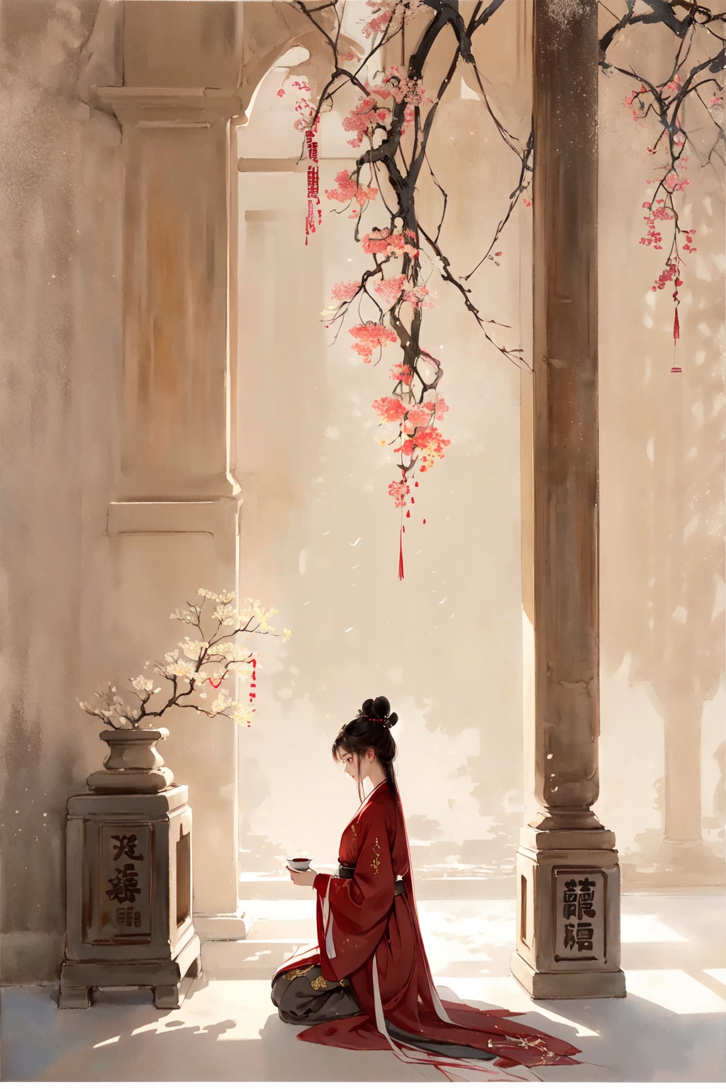 -Hanama wine, solo, long hair, chinese clothes, 1girl, black hair, single hair bun, hair bun, hanfu, long sleeves, sitting, traditional media, seiza, pillar, from side, tree, robe, profile, painting \(medium\)<lora:Hanama wine-000018:0.8>,