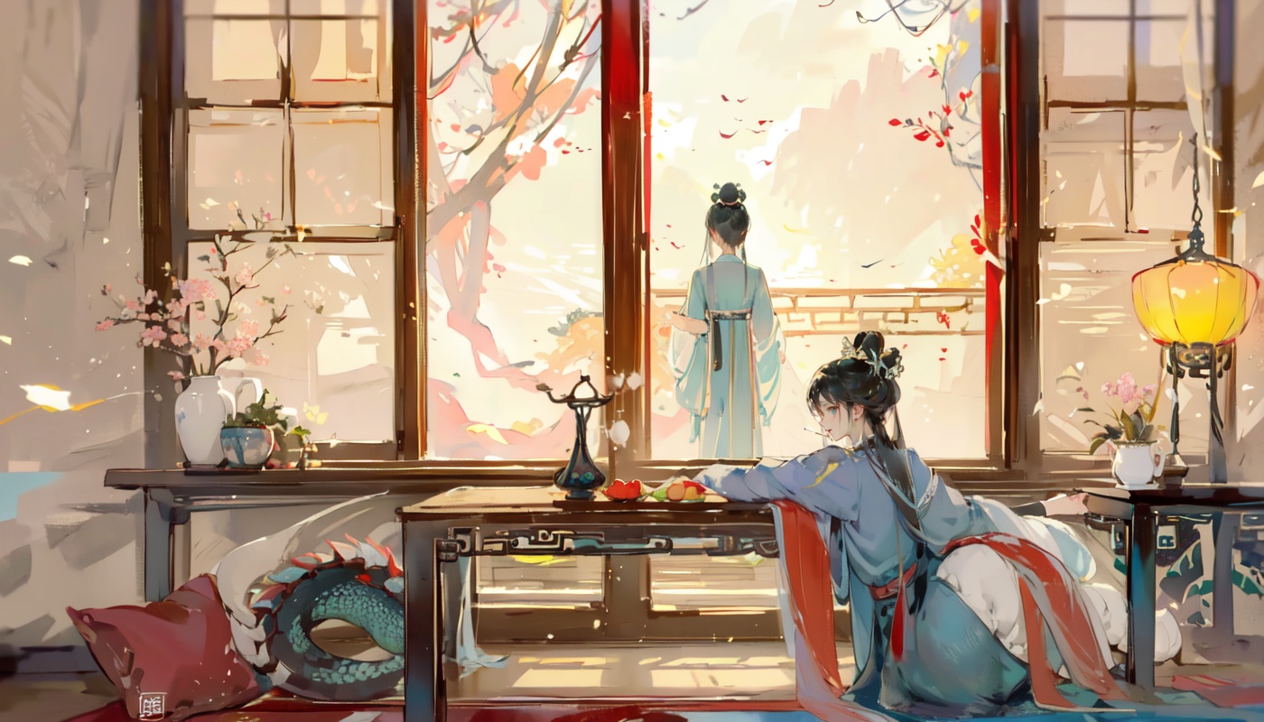 Hanama wine,sitting,painting \(object\),single hair bun,indoors,hair bun,long sleeves,multiple boys,table,holding,robe,profile,2boys,lattice,outstretched arm,ceiling,long hair,male focus,eastern dragon,black hair,hair pulled back,looking at another,on floor,wide sleeves,food,half updo,arm support,topknot,teapot,vase,cup,updo,dragon,indian style,cushion,chinese clothes,book,bangs,east asian architecture,fruit,round window,from side,sliding doors,architecture,smoke,window,scroll,lantern,hair ornament,shelf,<lora:Hanama wine-000018:1>,