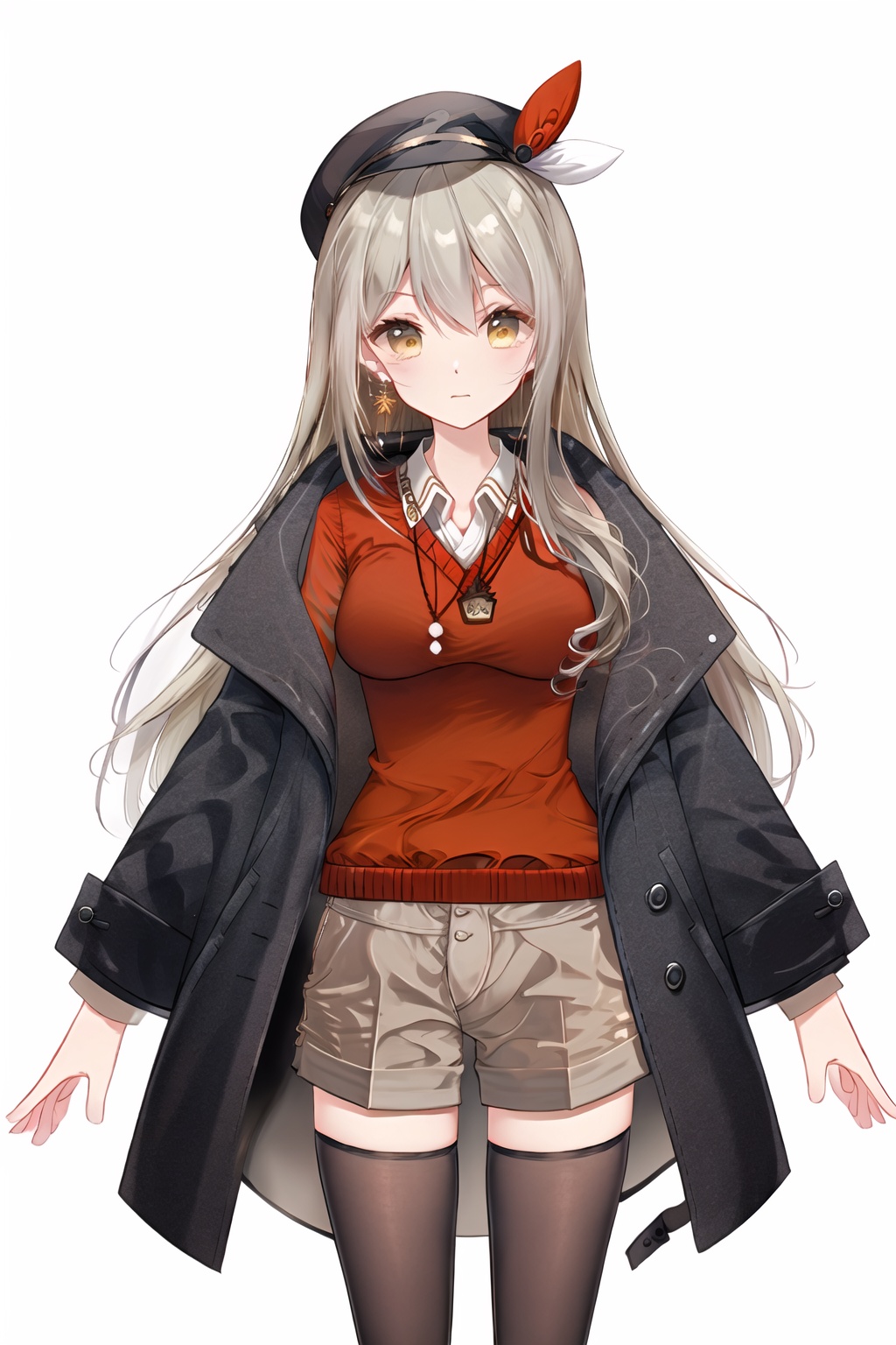 1girl, Aki Rinco, solo, thighhighs, long hair, shorts, hat, open clothes, collared shirt, white background, shirt, sweater vest, jewelry, white shirt, earrings, long sleeves, closed mouth, looking at viewer, black headwear, simple background, breasts, brown shorts, black thighhighs, short shorts, open coat, medium breasts, sweater, coat, beret, black coat, red sweater, brown thighhighs, open jacket, dress shirt, very long hair, sleeves past wrists, jacket, standing, black jacket, 