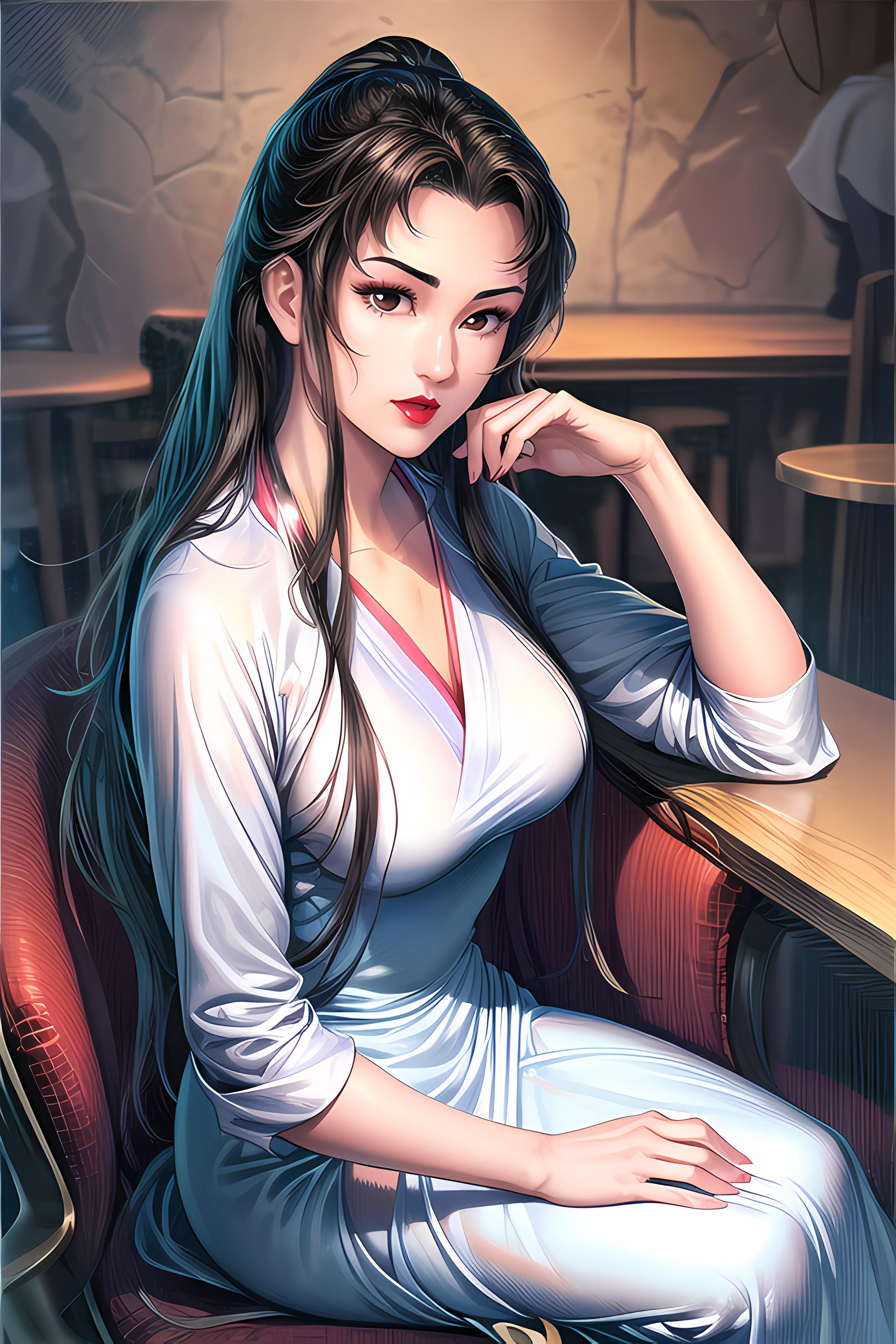 yuanshen,1girl,black hair,long hair,solo,lipstick,makeup,brown eyes,black eyes,<lora:add_detail:0.5>,<lora:epiNoiseoffset_v2:0.5>,<lora:EnvyBetterHands LoCon_beta2:1>,<lora:小龙女1:0.8>,perfect hands,sitting,white dress,looking at viewer,red lips,