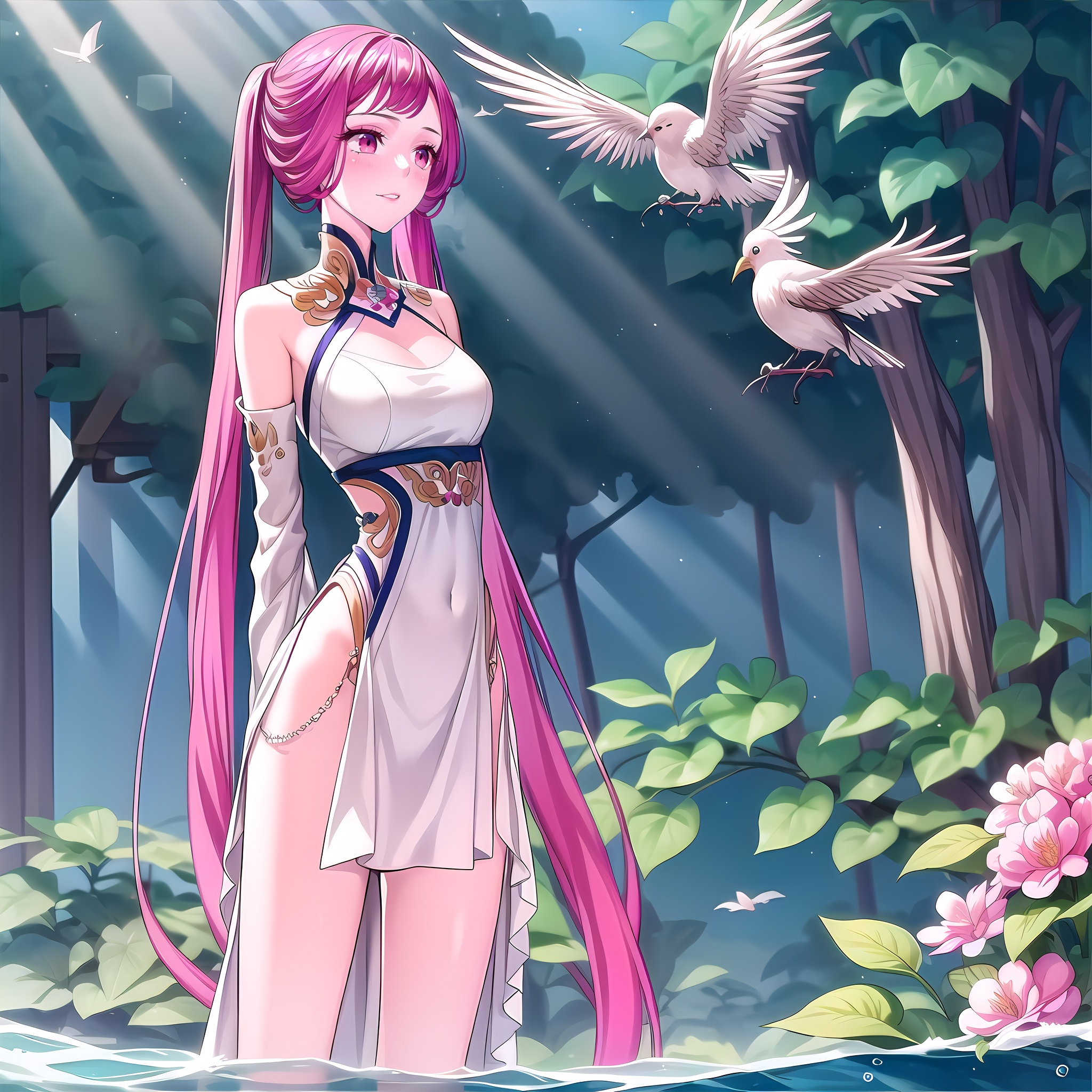 yuanshen,1girl,long hair,pink hair,flower,solo,bird,twintails,pink eyes,wading,water,detached sleeves,dress,very long hair,jewelry,,nice hands,(arms behind back:1.5),