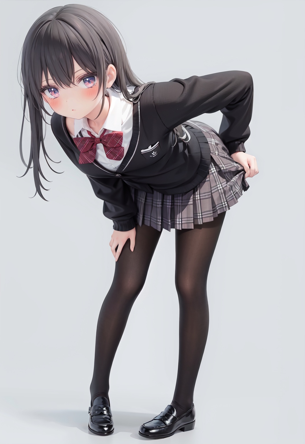 1girl, solo, pantyhose, skirt, long hair, loafers, shoes, simple background, school uniform, brown eyes, plaid, black pantyhose, plaid skirt, looking at viewer, black hair, pantyhose pull, full body, clothes pull, black footwear, pleated skirt, leaning forward, bangs, long sleeves, bent over, cardigan, bow, bowtie, standing, closed mouth, pulled by self, grey background, blush, miniskirt, red bow, sweater, **********