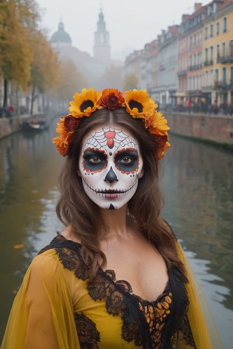 Brown hair female in Catrina Makeup face paint,  Foggy Canals in European Cities,  Steadicam Walking Through a Forest on T...