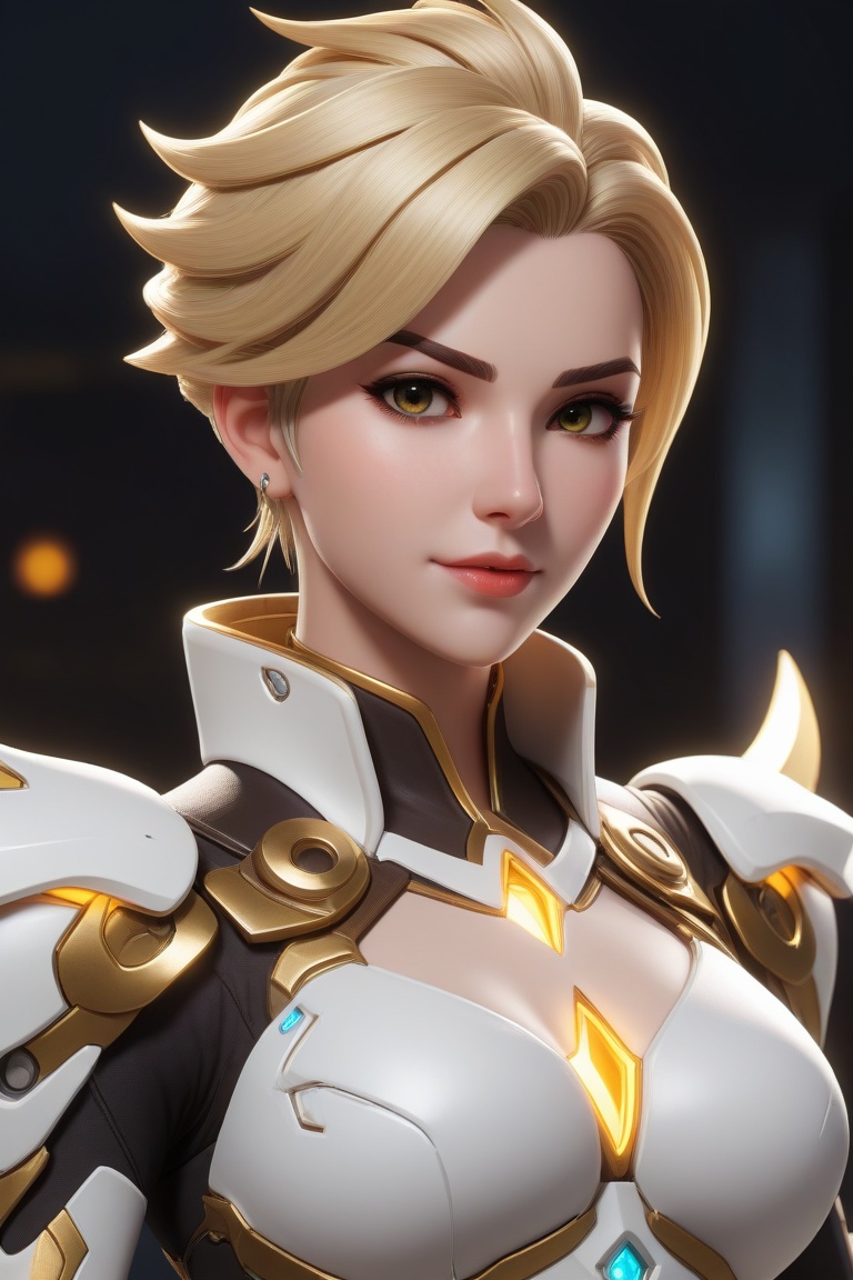 close mid-shot,  ultra detailed visually rich 2d cartoon manga concept art illustration of (((mercy from overwatch in moti...