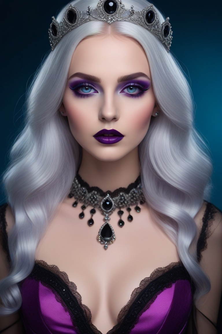 A glossy photo of young British woman posing for magazine,  gothic style,  long silver hair on Tensor.Art