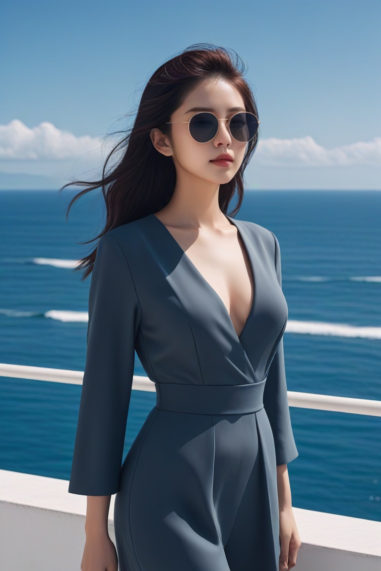a woman wearing sunglasses posing in front of the ocean,  in the style of dark gray and dark azure,  curves on Tensor.Art